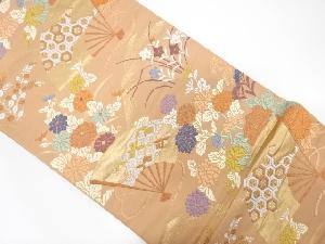 唐織扇に牡丹・菊模様織出し袋帯